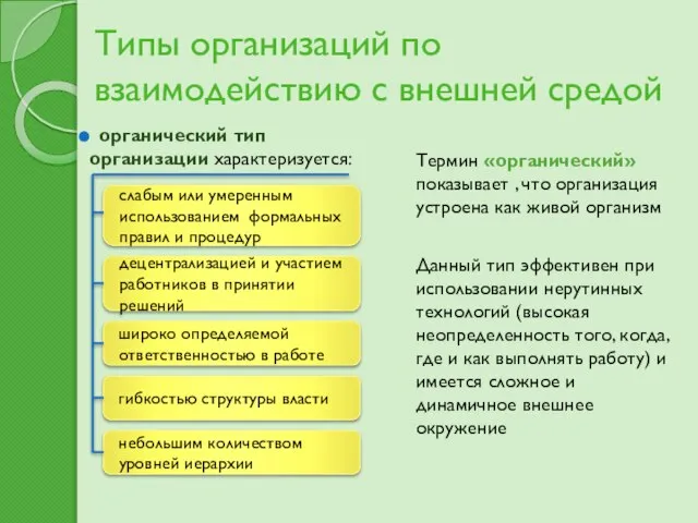 Типы организаций по взаимодействию с внешней средой Термин «органический» показывает ,