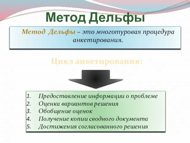 Метод Дельфы Метод Дельфы – это многотуровая процедура анкетирования. Предоставление информации