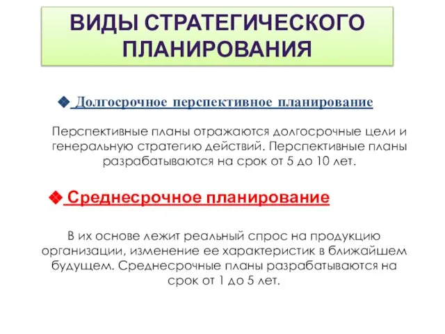 Виды стратегического планирования Долгосрочное перспективное планирование Перспективные планы отражаются долгосрочные цели