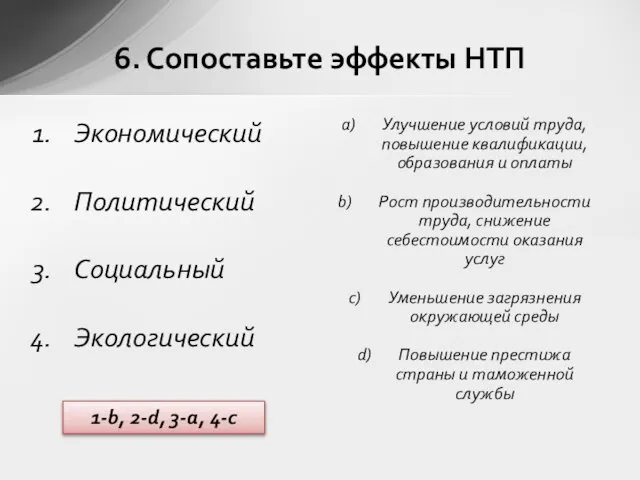 Экономический Политический Социальный Экологический Улучшение условий труда, повышение квалификации, образования и