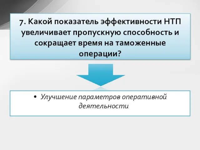 Улучшение параметров оперативной деятельности 7. Какой показатель эффективности НТП увеличивает пропускную