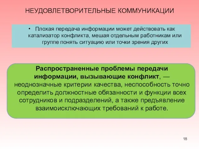 НЕУДОВЛЕТВОРИТЕЛЬНЫЕ КОММУНИКАЦИИ Плохая передача информации может действовать как катализатор конфликта, мешая