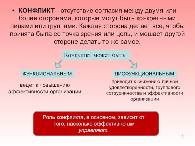 КОНФЛИКТ - отсутствие согласия между двумя или более сторонами, которые могут