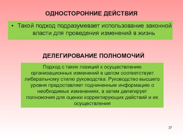 ОДНОСТОРОННИЕ ДЕЙСТВИЯ Такой подход подразумевает использование законной власти для проведения изменений