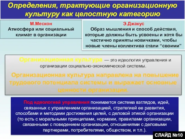 Определения, трактующие организационную культуру как целостную категорию М.Мескон Атмосфера или социальный