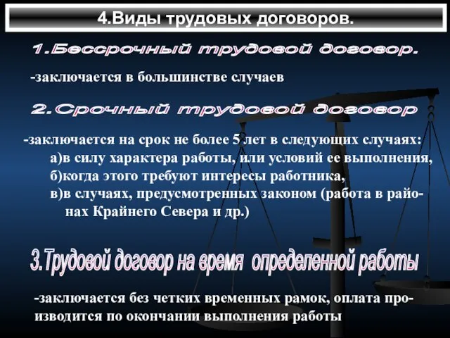 4.Виды трудовых договоров. 1.Бессрочный трудовой договор. -заключается в большинстве случаев 2.Срочный