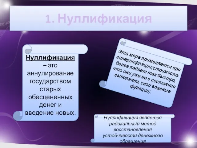 1. Нуллификация Нуллификация – это аннулирование государством старых обесцененных денег и