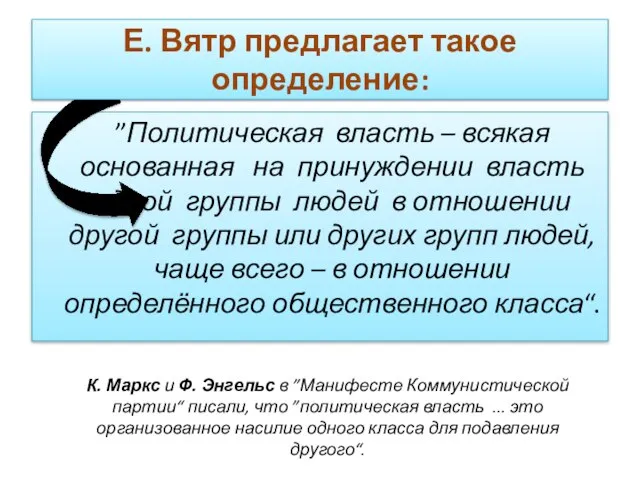 ”Политическая власть – всякая основанная на принуждении власть одной группы людей