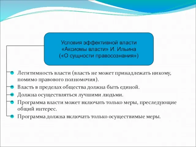 Легитимность власти (власть не может принадлежать никому, помимо правового полномочия). Власть