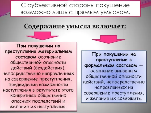 С субъективной стороны покушение возможно лишь с прямым умыслом. Содержание умысла