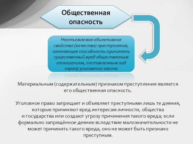 Неотъемлемое объективное свойство (качество) преступления, означающее способность причинять существенный вред общественным