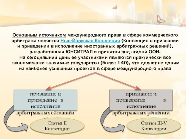 Основным источником международного права в сфере коммерческого арбитража является Нью-Йоркская Конвенция