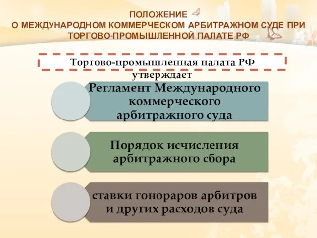 ПОЛОЖЕНИЕ О МЕЖДУНАРОДНОМ КОММЕРЧЕСКОМ АРБИТРАЖНОМ СУДЕ ПРИ ТОРГОВО-ПРОМЫШЛЕННОЙ ПАЛАТЕ РФ Торгово-промышленная палата РФ утверждает