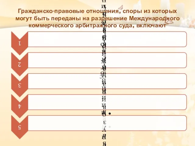 Гражданско-правовые отношения, споры из которых могут быть переданы на разрешение Международного коммерческого арбитражного суда, включают