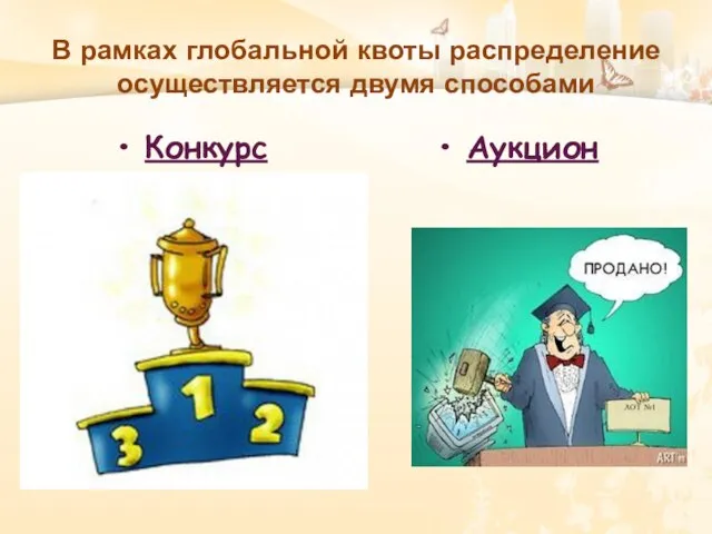 В рамках глобальной квоты распределение осуществляется двумя способами Конкурс Аукцион