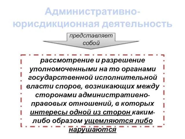 Административно-юрисдикционная деятельность представляет собой рассмотрение и разрешение уполномоченными на то органами