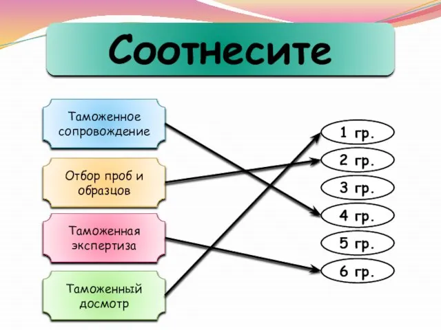 Соотнесите Таможенное сопровождение Отбор проб и образцов Таможенная экспертиза Таможенный досмотр