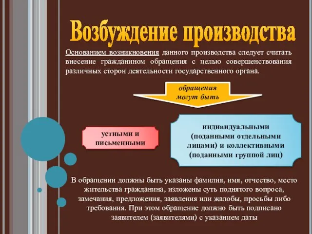 Возбуждение производства Основанием возникновения данного производства следует считать внесение гражданином обращения