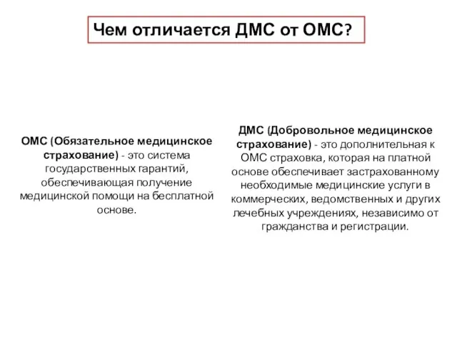 Чем отличается ДМС от ОМС? ОМС (Обязательное медицинское страхование) - это