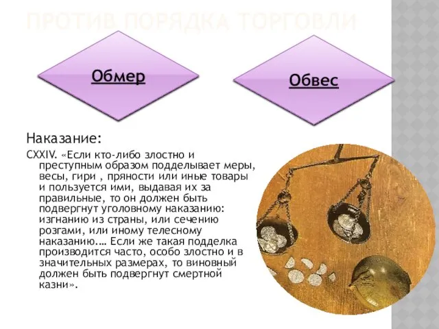 Против порядка торговли Наказание: CXXIV. «Если кто-либо злостно и преступным образом