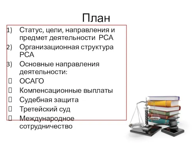 План Статус, цели, направления и предмет деятельности РСА Организационная структура РСА