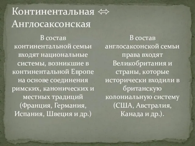 Континентальная  Англосаксонская В состав континентальной семьи входят национальные системы, возникшие