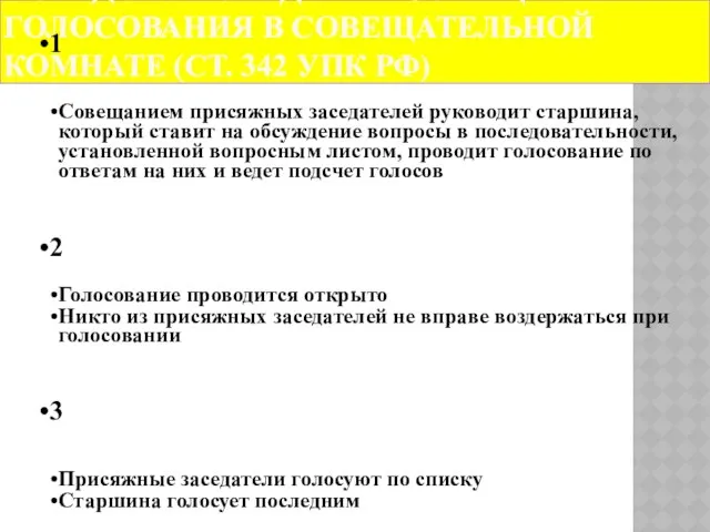 Порядок проведения совещания и голосования в совещательной комнате (ст. 342 УПК РФ)