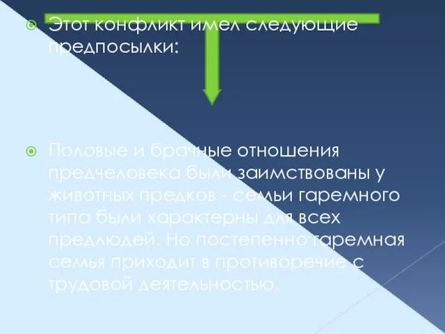 Этот конфликт имел следующие предпосылки: Половые и брачные отношения предчеловека были