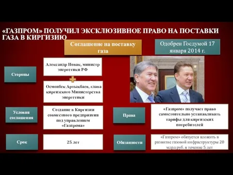 «Газпром» получил эксклюзивное право на поставки газа в Киргизию Соглашение на