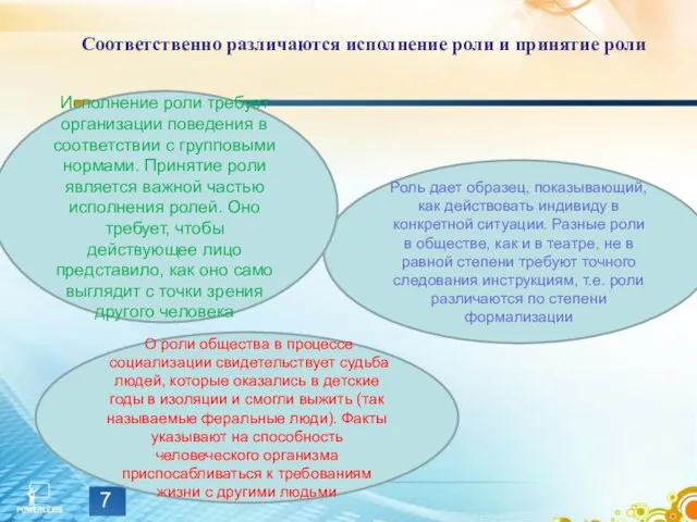 Соответственно различаются исполнение роли и принятие роли Роль дает образец, показывающий,