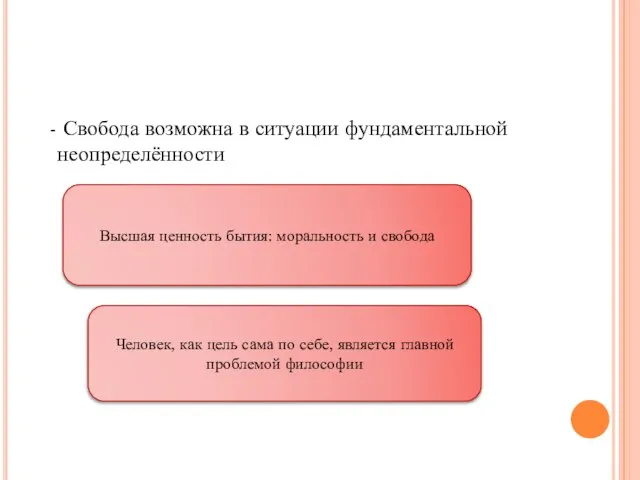 - Свобода возможна в ситуации фундаментальной неопределённости Высшая ценность бытия: моральность