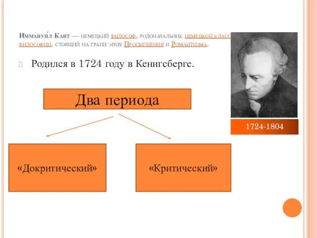 Иммануи́л Кант — немецкий философ, родоначальник немецкой классической философии, стоящий на