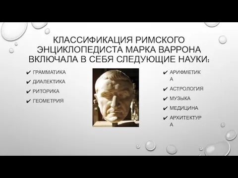 Классификация римского энциклопедиста марка варрона включала в себя следующие науки: Грамматика