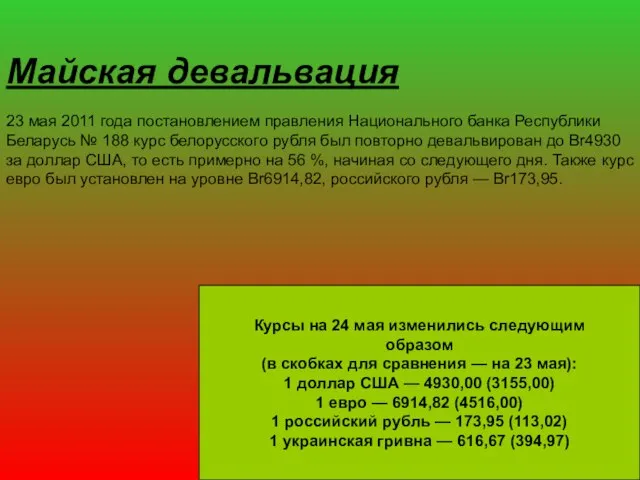 Майская девальвация 23 мая 2011 года постановлением правления Национального банка Республики