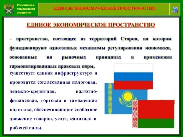 Российская таможенная академия 21 ЕДИНОЕ ЭКОНОМИЧЕСКОЕ ПРОСТРАНСТВО ЕДИНОЕ ЭКОНОМИЧЕСКОЕ ПРОСТРАНСТВО –