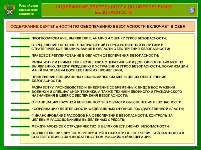 Российская таможенная академия 19 СОДЕРЖАНИЕ ДЕЯТЕЛЬНОСТИ ПО ОБЕСПЕЧЕНИЮ БЕЗОПАСНОСТИ СОДЕРЖАНИЕ ДЕЯТЕЛЬНОСТИ