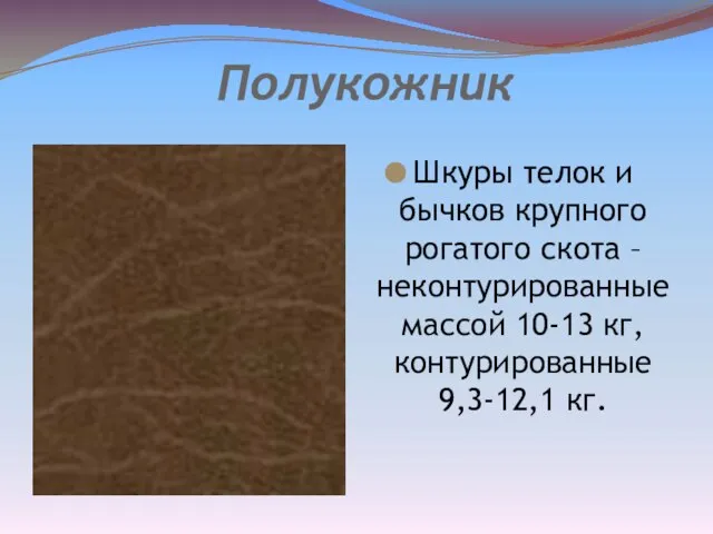 Полукожник Шкуры телок и бычков крупного рогатого скота – неконтурированные массой 10-13 кг, контурированные 9,3-12,1 кг.