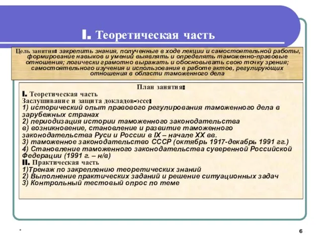 * I. Теоретическая часть План занятия: I. Теоретическая часть Заслушивание и