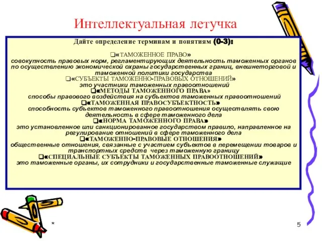 * Интеллектуальная летучка Дайте определение терминам и понятиям (0-3): «ТАМОЖЕННОЕ ПРАВО»