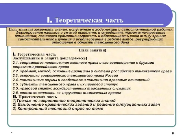 * I. Теоретическая часть План занятия: I. Теоретическая часть Заслушивание и