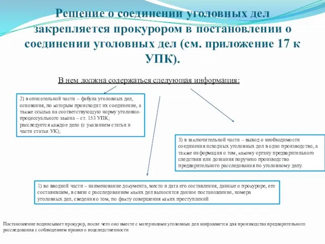 Решение о соединении уголовных дел закрепляется прокурором в постановлении о соединении