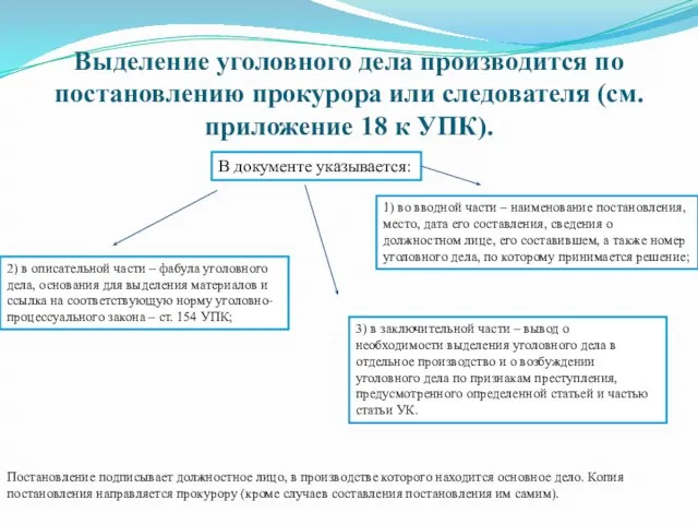 Выделение уголовного дела производится по постановлению прокурора или следователя (см. приложение