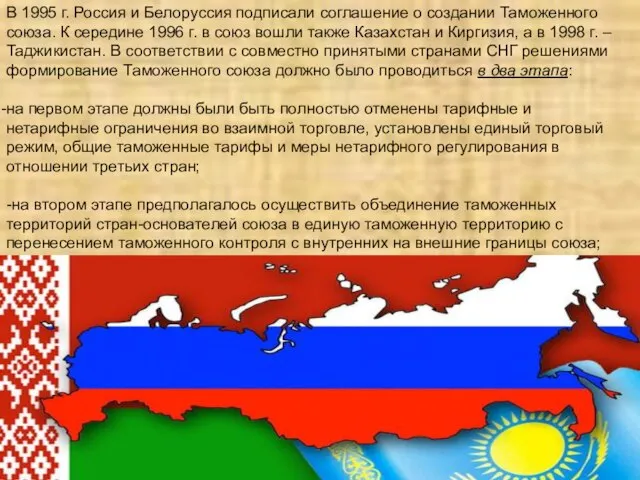 В 1995 г. Россия и Белоруссия подписали соглашение о создании Таможенного