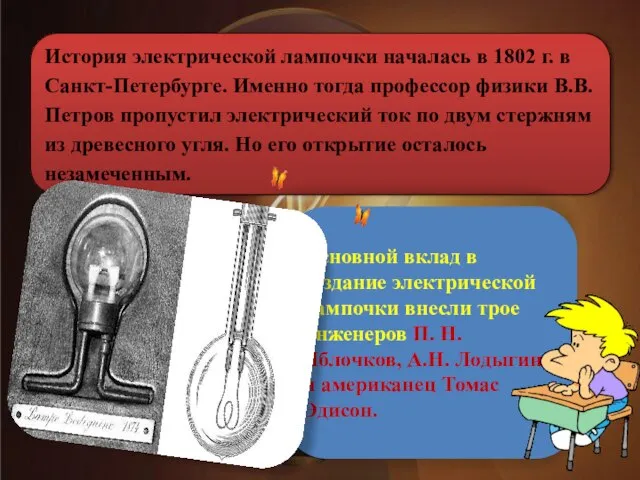 История электрической лампочки началась в 1802 г. в Санкт-Петербурге. Именно тогда