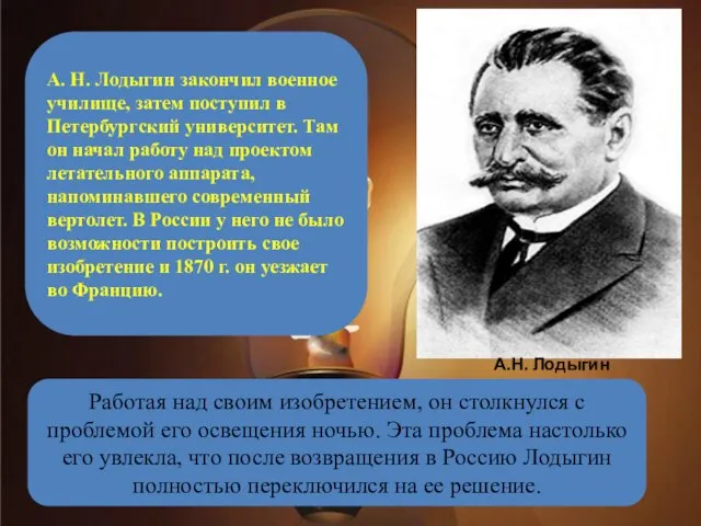 А. Н. Лодыгин закончил военное училище, затем поступил в Петербургский университет.