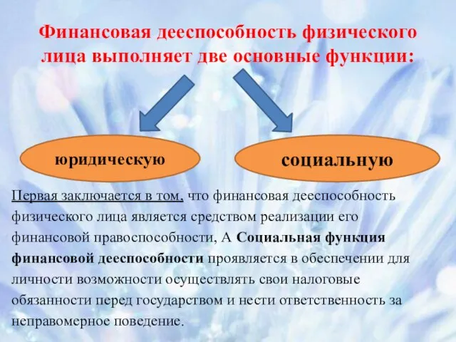 Финансовая дееспособность физического лица выполняет две основные функции: юридическую социальную Первая