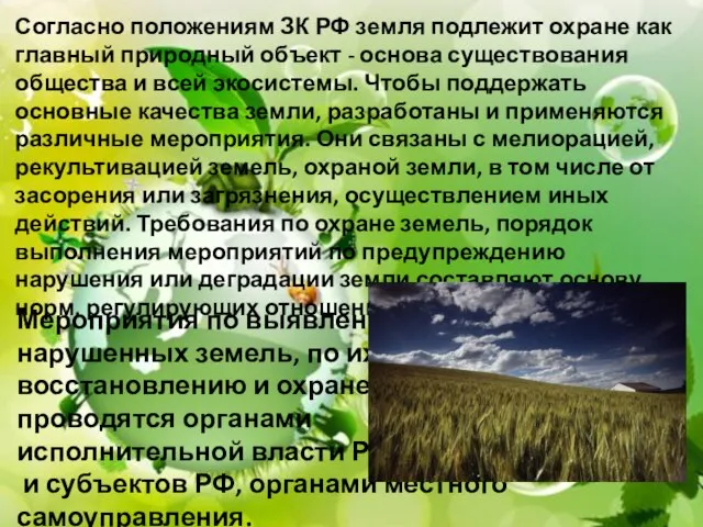 Согласно положениям ЗК РФ земля подлежит охране как главный природный объект