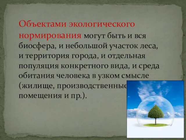 Объектами экологического нормирования могут быть и вся биосфера, и небольшой участок