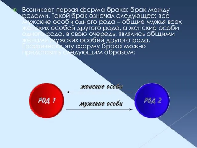 Возникает первая форма брака: брак между родами. Такой брак означал следующее: