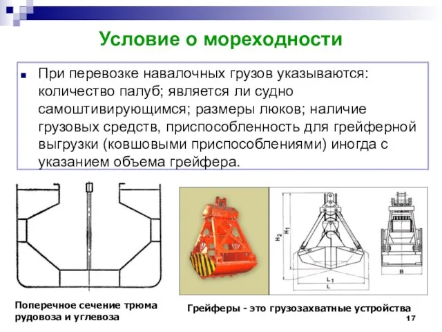 Условие о мореходности При перевозке навалочных грузов указываются: количество палуб; является